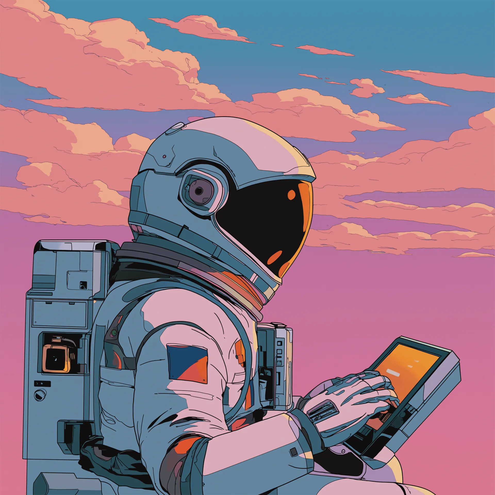 Astronaut using a laptop on an alien planet, representing AI-powered brand content creation