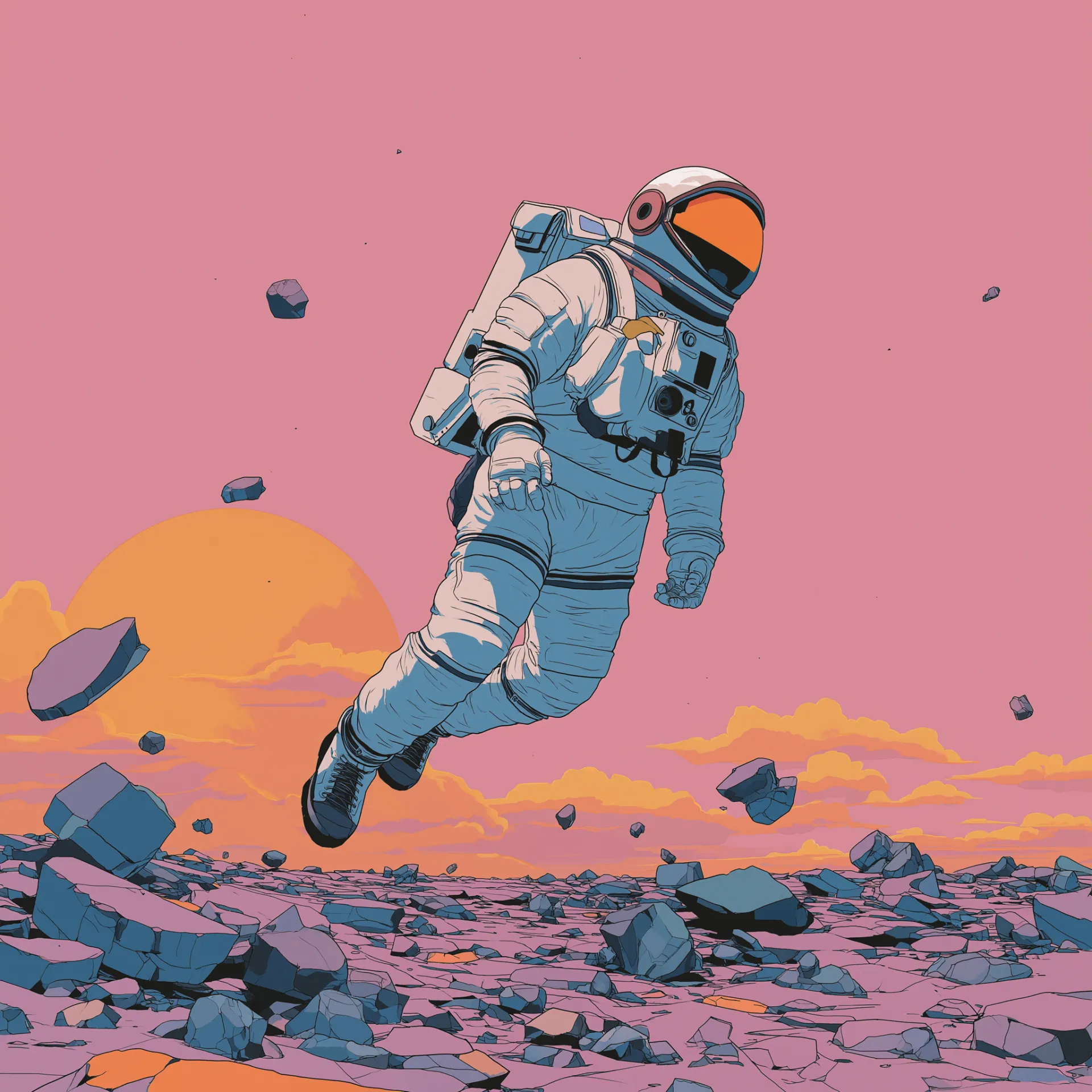 Astronaut floating in zero gravity above a rocky landscape, representing the power of Claude Code for marketers
