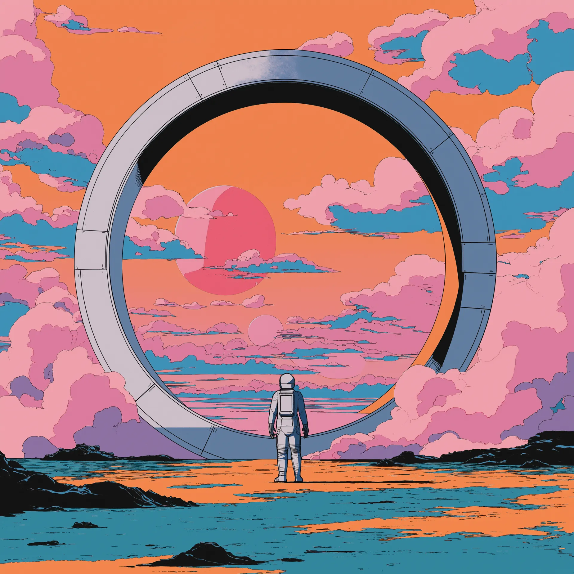 Astronaut standing before a giant portal on an alien world, representing visual content creation with AI